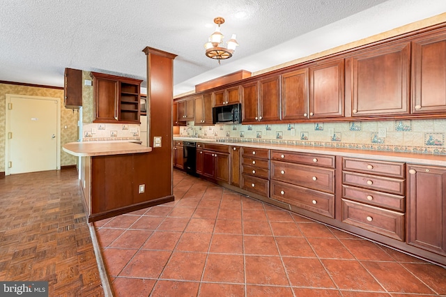 kitchen featuring open shelves, light countertops, a textured ceiling, and black appliances