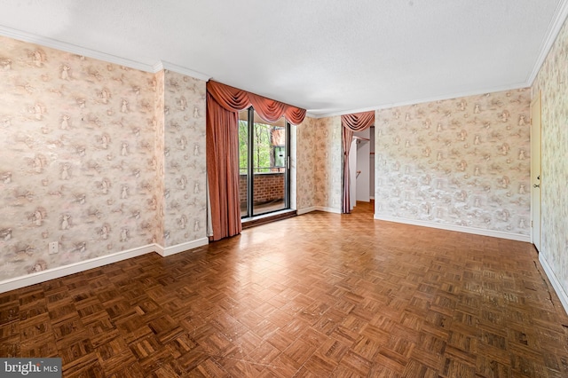 spare room featuring wallpapered walls, baseboards, and ornamental molding