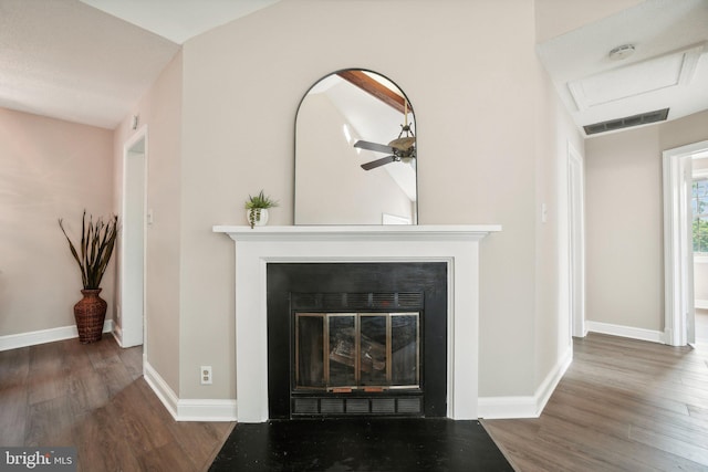 2507 Arlington Blvd Unit 20, Arlington, VA 22201 - details featuring a fireplace with flush hearth, baseboards, visible vents, and wood finished floors