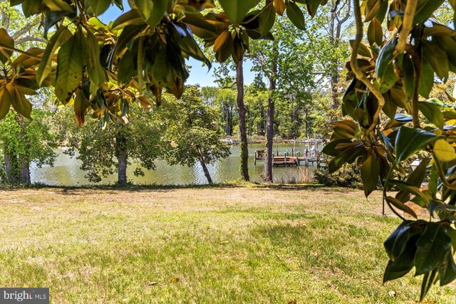 view of green lawn featuring a water view and a dock