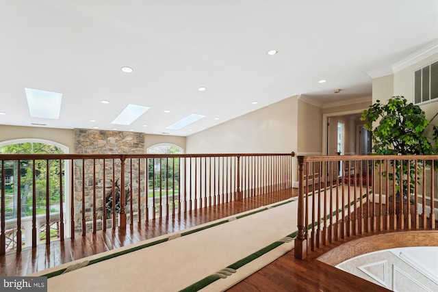 hall featuring wood finished floors, a healthy amount of sunlight, and a skylight