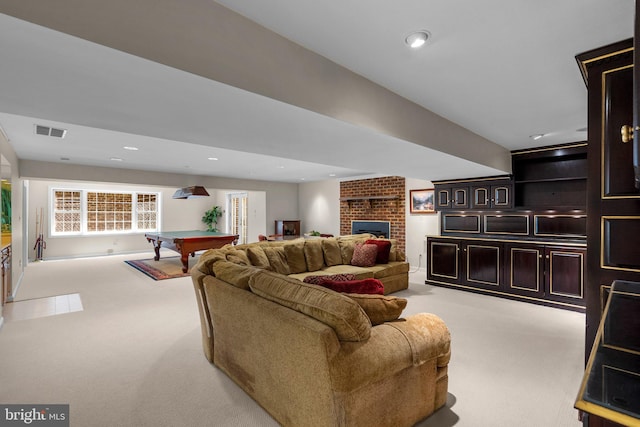 living room with recessed lighting, visible vents, billiards, and carpet