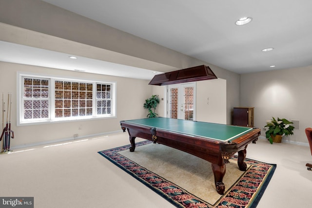 rec room featuring carpet floors, recessed lighting, and baseboards