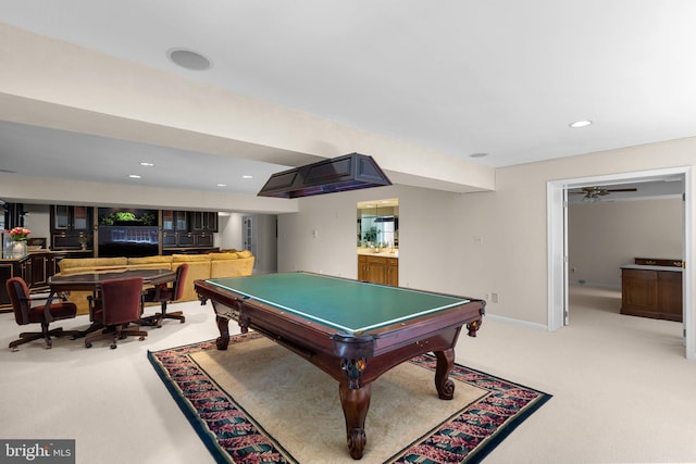recreation room featuring recessed lighting, pool table, light colored carpet, and baseboards
