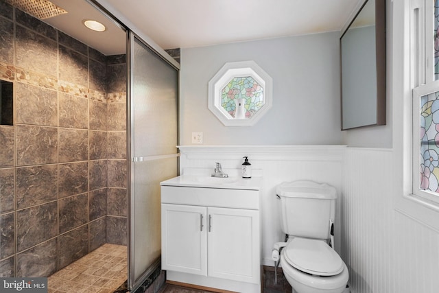 669 Dicks Hollow Rd, Winchester, VA 22603 - full bathroom featuring a shower stall, toilet, vanity, and a wainscoted wall