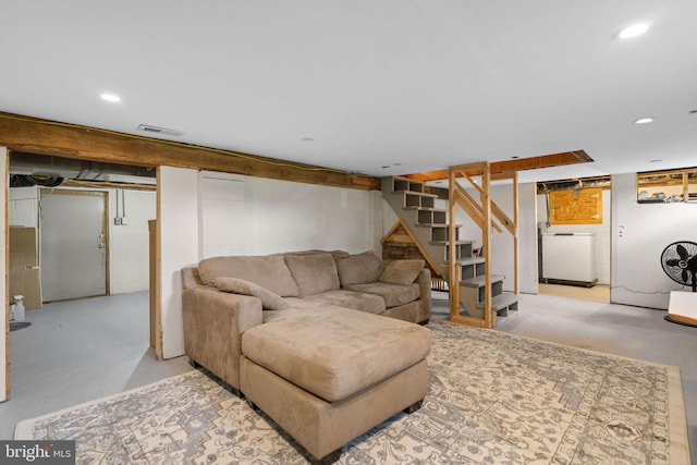 669 Dicks Hollow Rd, Winchester, VA 22603 - living area featuring stairs, recessed lighting, concrete flooring, and washer / dryer