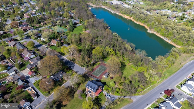 aerial view with a water view and a residential view
