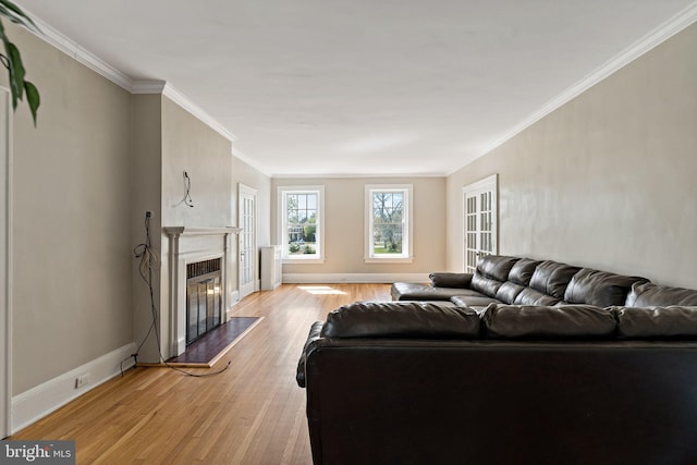 living area with baseboards, a premium fireplace, ornamental molding, and light wood-style flooring