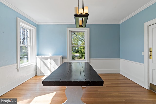 unfurnished dining area featuring wood finished floors, baseboards, and ornamental molding