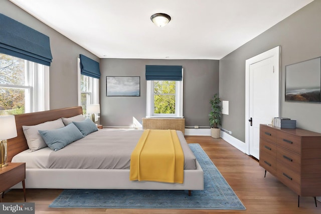 bedroom featuring a baseboard heating unit, baseboards, wood finished floors, and multiple windows