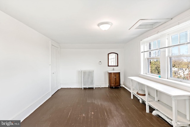 interior space with baseboards, wood finished floors, a sink, and radiator