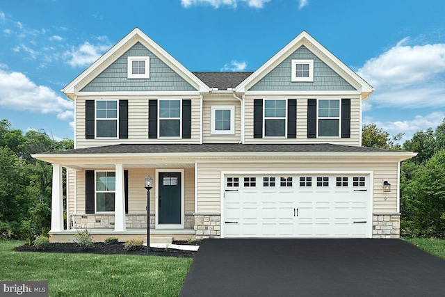 craftsman-style house featuring aphalt driveway, a garage, stone siding, and covered porch