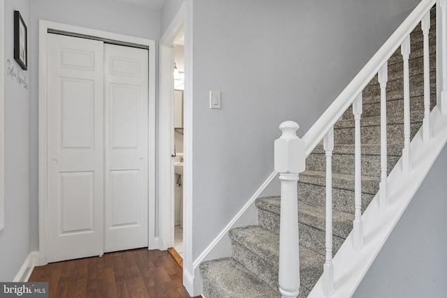 entrance foyer with stairs, dark wood-type flooring, and baseboards