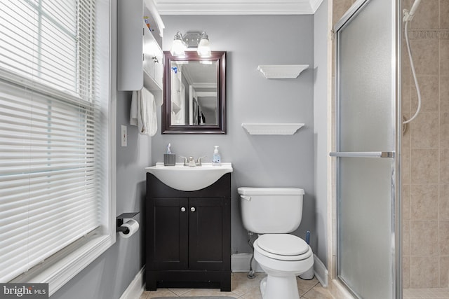 full bath with toilet, tile patterned flooring, vanity, and a stall shower