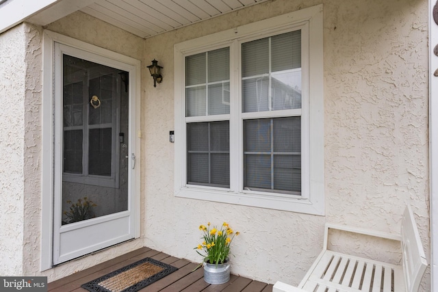 view of exterior entry with stucco siding