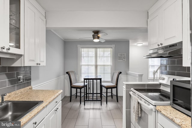 kitchen featuring a sink, a ceiling fan, white electric stove, under cabinet range hood, and stainless steel microwave