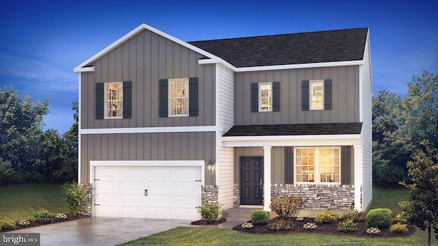 view of front of property featuring driveway, stone siding, an attached garage, board and batten siding, and a shingled roof