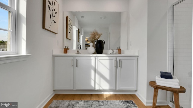 full bath with baseboards, a sink, and wood finished floors