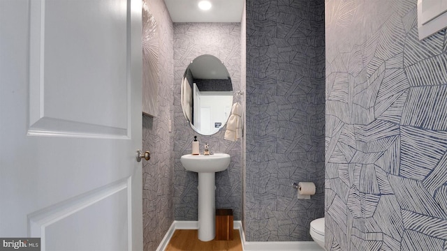 bathroom with toilet and wood finished floors