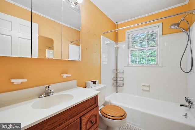full bathroom featuring crown molding, toilet, bathing tub / shower combination, and vanity