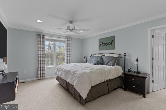 bedroom featuring recessed lighting, light carpet, crown molding, and baseboards
