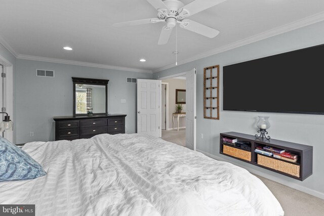 bedroom with carpet floors, ornamental molding, visible vents, and recessed lighting