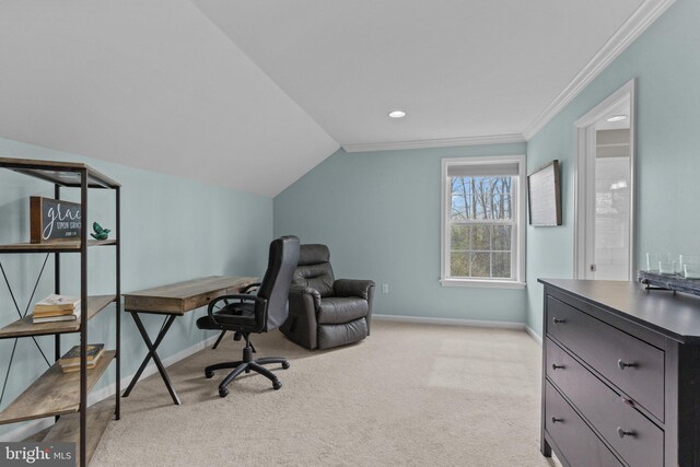 home office with baseboards, recessed lighting, light colored carpet, lofted ceiling, and ornamental molding