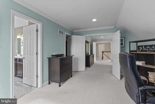 office space with light colored carpet, ornamental molding, visible vents, and recessed lighting