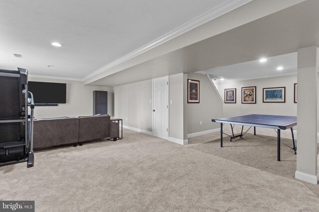 rec room featuring recessed lighting, carpet, baseboards, and ornamental molding