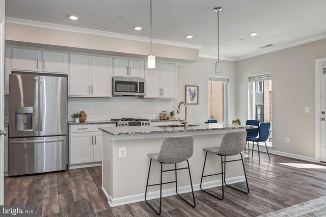 15500 Smoke Box Way, Woodbridge, VA 22191 - kitchen with appliances with stainless steel finishes, light stone counters, a sink, decorative backsplash, and dark wood-style floors