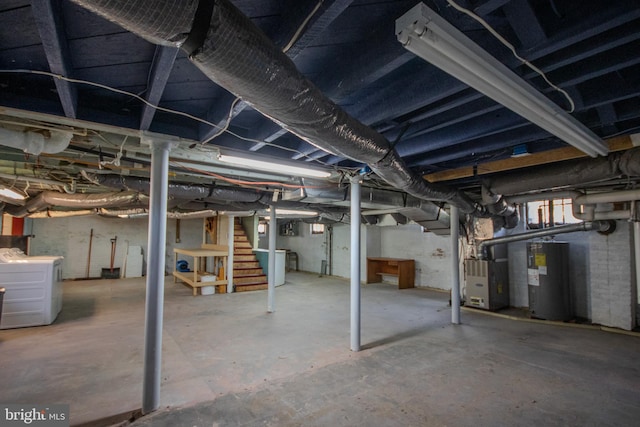 below grade area with heating unit, washer / dryer, water heater, and stairs