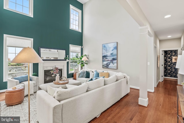 living room featuring baseboards, wood finished floors, and a wealth of natural light