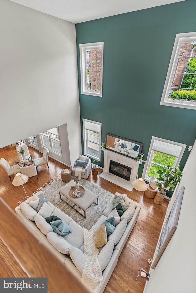 living area featuring a healthy amount of sunlight, a towering ceiling, and a premium fireplace