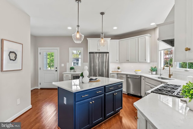 kitchen with a sink, blue cabinetry, a wealth of natural light, and stainless steel appliances