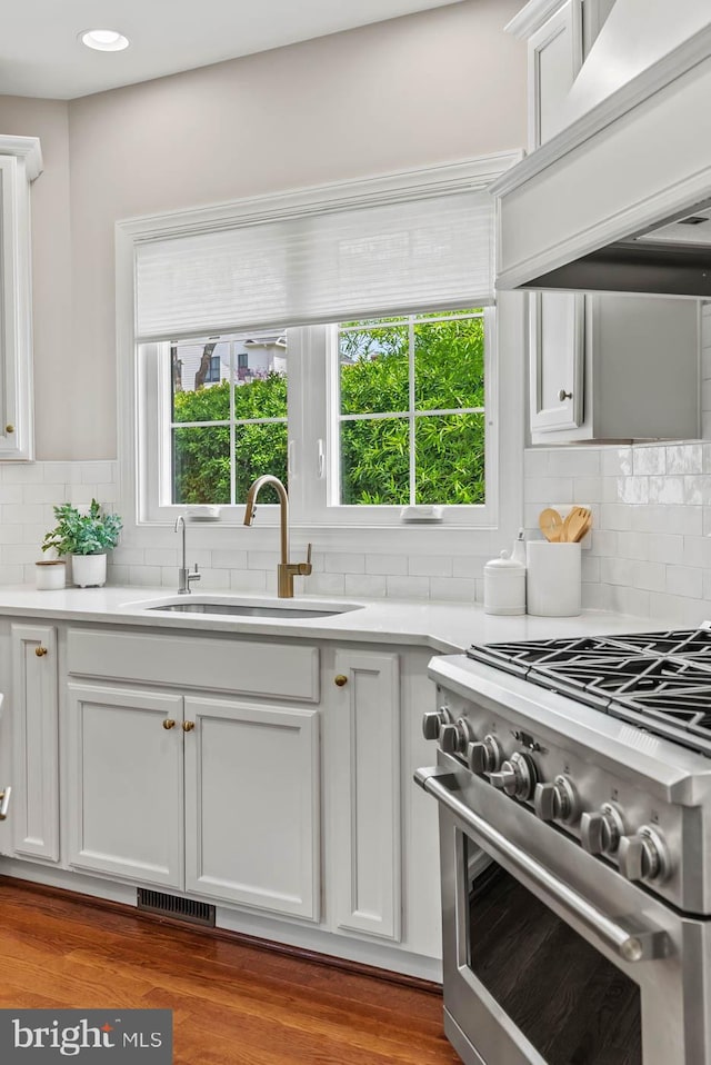 kitchen with decorative backsplash, visible vents, stainless steel stove, a sink, and light countertops