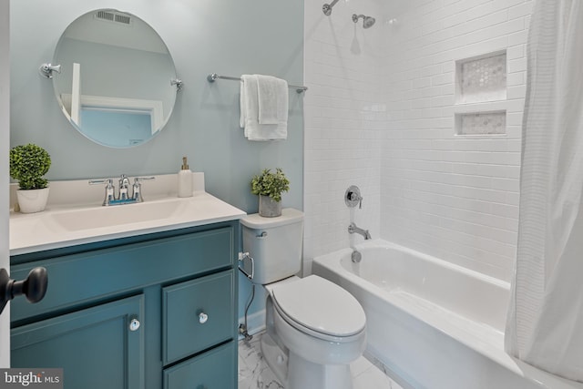 4950 34th St N, Arlington, VA 22207 - bathroom featuring vanity, shower / tub combo with curtain, toilet, marble finish floor, and visible vents