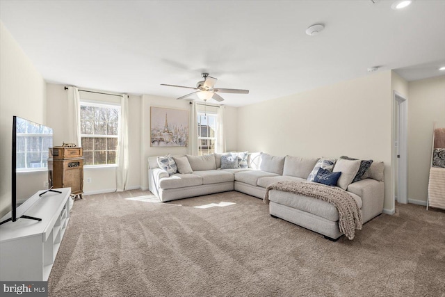 7269 Liberty Ct, Ruther Glen, VA 22546 - living area with recessed lighting, baseboards, a ceiling fan, and carpet floors