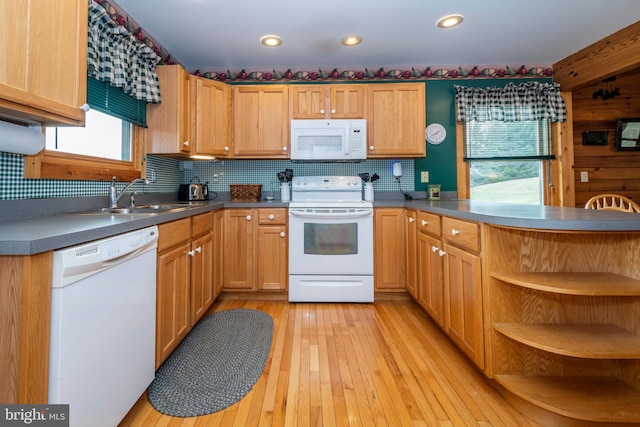 134 Highland Ave, Accident, MD 21520 - kitchen with light wood-style flooring, a sink, backsplash, and white appliances