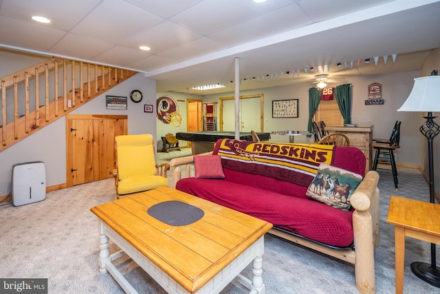 134 Highland Ave, Accident, MD 21520 - carpeted living area featuring stairs, baseboards, recessed lighting, and a drop ceiling