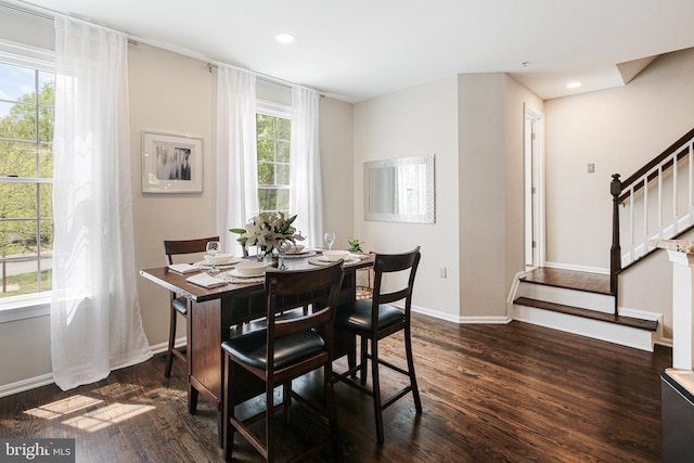 6129 White Marble Ct, Clarksville, MD 21029 - dining area featuring stairway, dark wood finished floors, baseboards, and recessed lighting