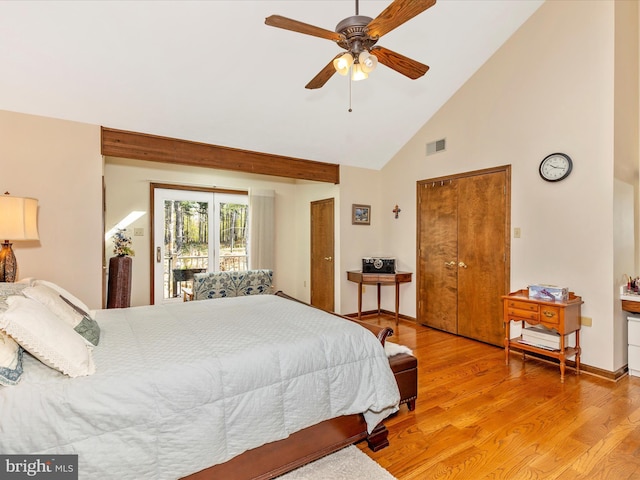 10334 Harp Rd, Walkersville, MD 21793 - bedroom featuring high vaulted ceiling, ceiling fan, light wood-style flooring, baseboards, and visible vents