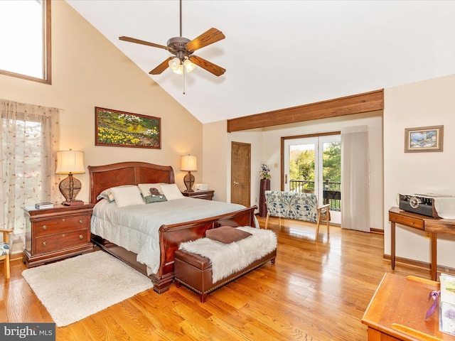 10334 Harp Rd, Walkersville, MD 21793 - bedroom featuring baseboards, light wood-style floors, a ceiling fan, access to outside, and high vaulted ceiling