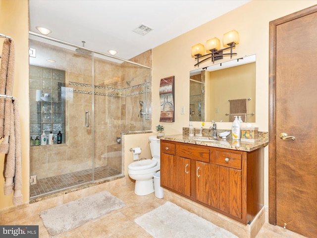 10334 Harp Rd, Walkersville, MD 21793 - bathroom with tile patterned floors, visible vents, toilet, vanity, and a stall shower
