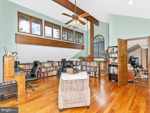 10334 Harp Rd, Walkersville, MD 21793 - home office with wood finished floors, beam ceiling, ceiling fan, and high vaulted ceiling