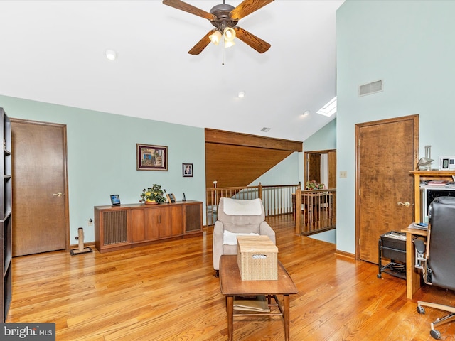 10334 Harp Rd, Walkersville, MD 21793 - office space with high vaulted ceiling, a ceiling fan, light wood-style floors, and visible vents