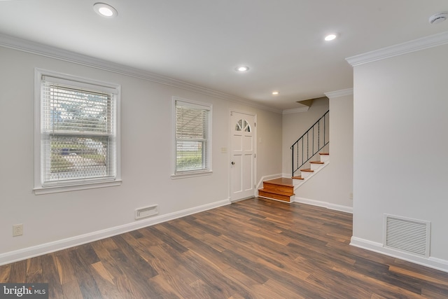 4720 Kimberleigh Rd, Baltimore, MD 21212 - entrance foyer featuring ornamental molding, visible vents, wood finished floors, and stairs