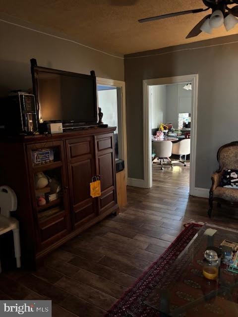 233 Noble St, Kutztown, PA 19530 - living area with dark wood-type flooring, baseboards, and ceiling fan