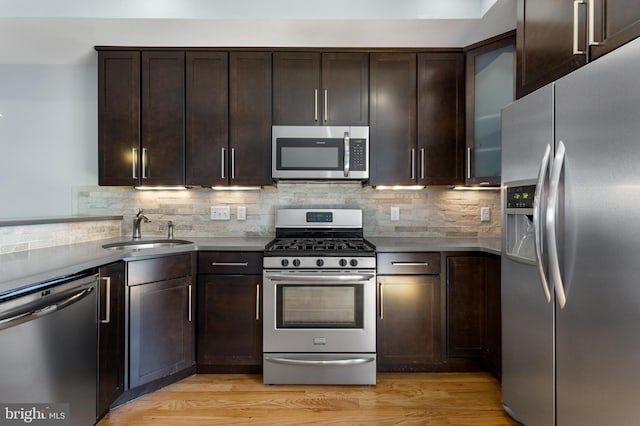 kitchen featuring a sink, tasteful backsplash, light wood-style floors, and appliances with stainless steel finishes