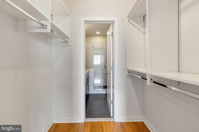 walk in closet with light wood-style floors