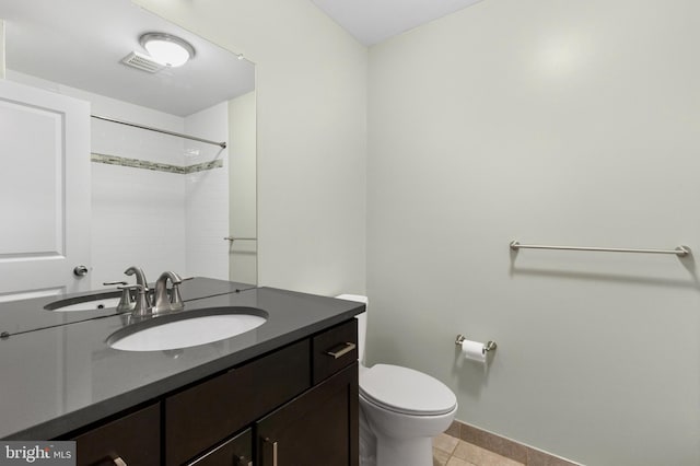 bathroom featuring tile patterned floors, toilet, a shower, vanity, and visible vents